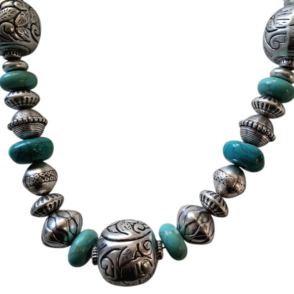 Chico's Turquoise & Silver Chunky Native American Style Necklace